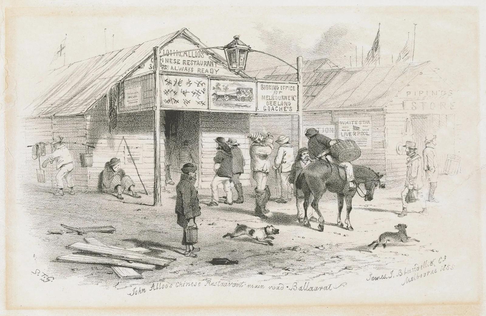 An illustration depicting a bustling street scene with a building labeled "John Alloo's These Restaurant is Always Ready." The building appears to be a simple, wooden structure with signs in both English and Chinese characters. People are gathered in front, some on foot and one on horseback, suggesting a busy commercial area.