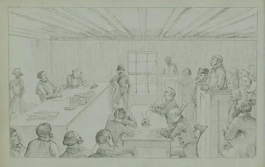An illustration depicting a courtroom scene with several people dressed in historical attire gathered around a long table