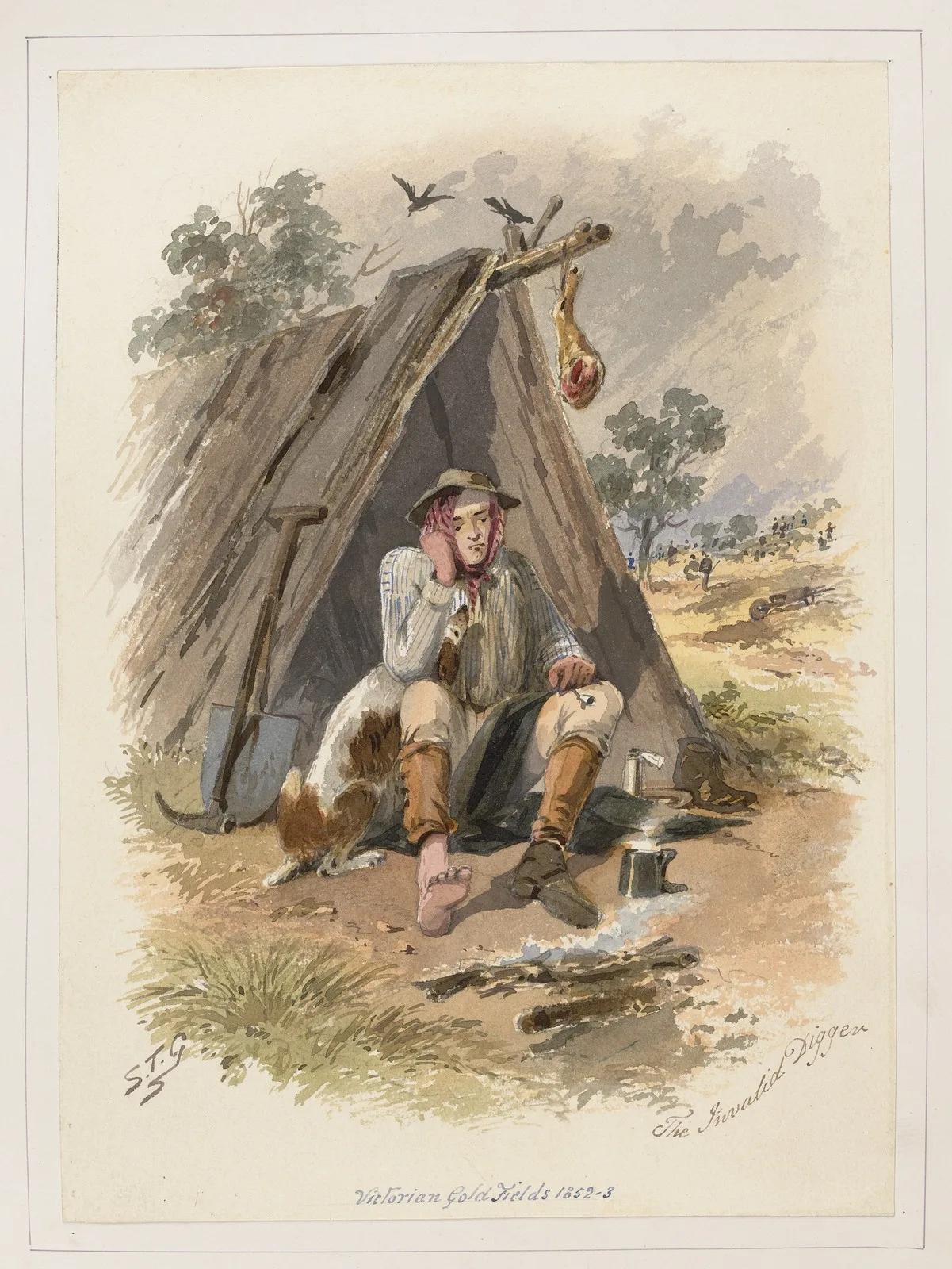 19th-century artwork of a goldfields digger resting by a canvas tent with tools and provisions, from Australia’s most visited outdoor museum and heritage attraction.